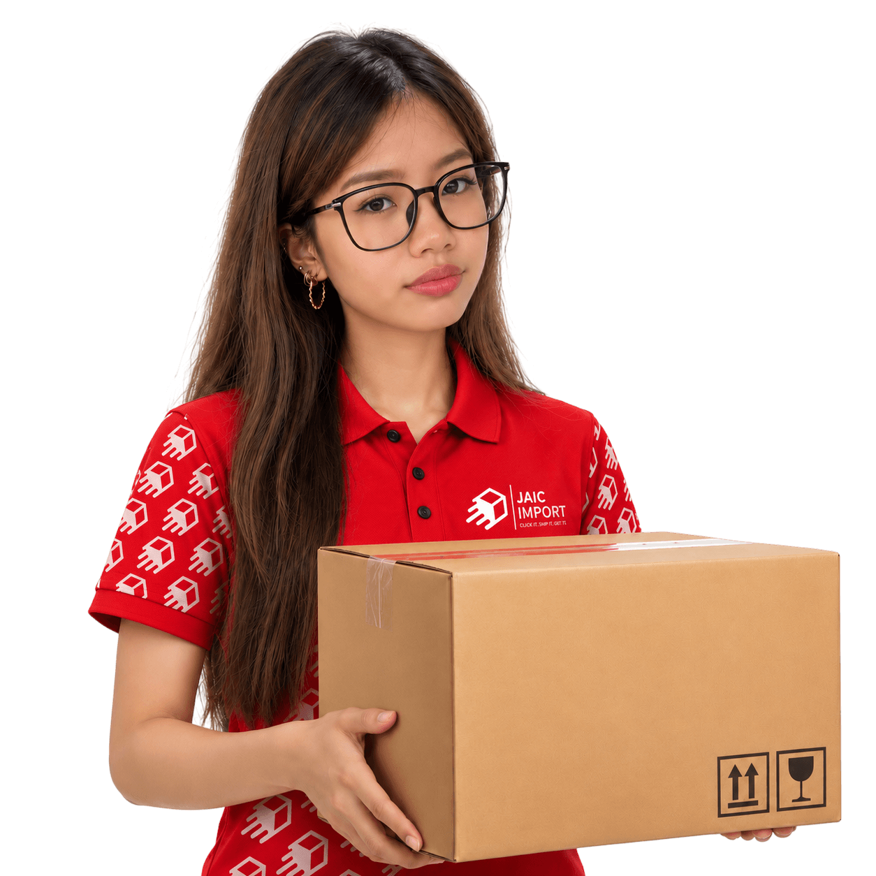 JAIC Import courier in a red company shirt holding a shipping box