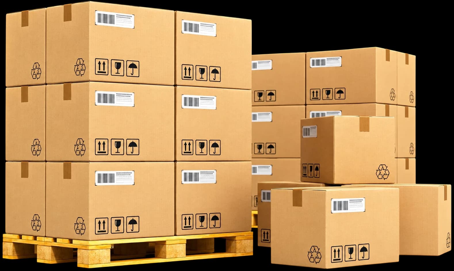 Cardboard shipping boxes stacked on wooden pallets, ready for freight